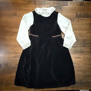 Vintage Gymboree Girls Velvet‎ Dress With Floral Embroidered Collar & Cuffs XL 6